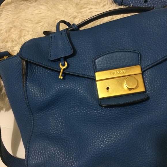 Prada Authentic Satchel Bag Pebbled Leather Blue - Picture 9 of 15
